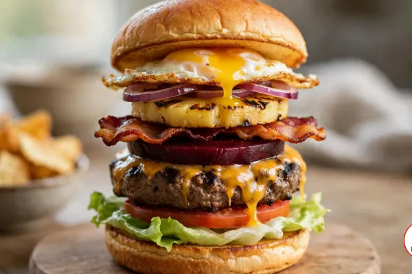 A tall Australian burger with the lot on a round wooden board, stacked from a toasted bun base with iceberg lettuce, tomato, a grilled beef patty under melted cheddar, a deep purple slice of beetroot, crispy bacon, a char-marked grilled pineapple ring, red onion rings and a fried egg whose runny yolk drips down the stack, with a bowl of chips blurred behind
