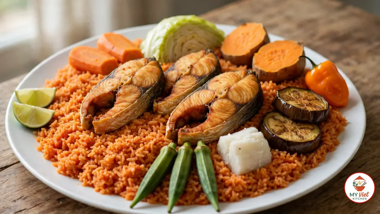 A large white platter of orange-red benachin rice on a wooden table, topped with three golden fried fish steaks, carrot pieces, a cabbage wedge, halved sweet potatoes, eggplant rounds, cassava chunks, whole okra pods and a scotch bonnet pepper, with lime wedges at the edge