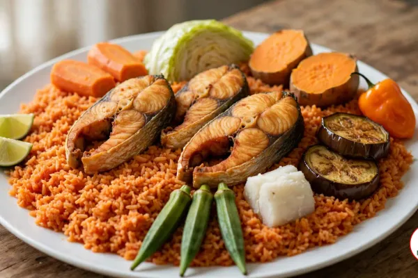 A large white platter of orange-red benachin rice on a wooden table, topped with three golden fried fish steaks, carrot pieces, a cabbage wedge, halved sweet potatoes, eggplant rounds, cassava chunks, whole okra pods and a scotch bonnet pepper, with lime wedges at the edge