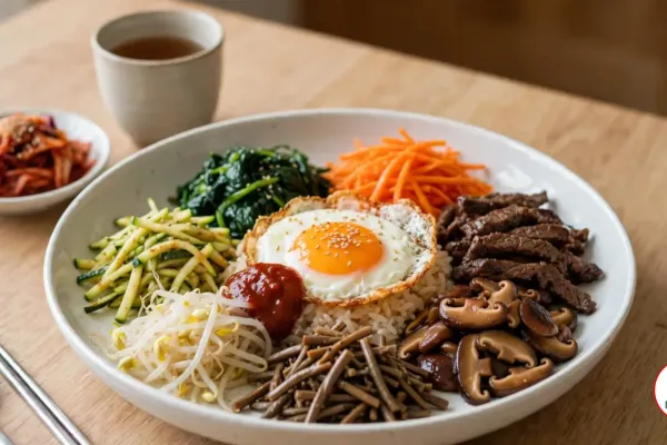 A wide white ceramic bowl of bibimbap on a light oak table, rice topped with separate sections of seasoned spinach, julienned carrots, zucchini matchsticks, bean sprouts, fernbrake, glossy shiitake mushrooms and seared beef around a sunny-side-up egg sprinkled with sesame seeds, a spoonful of red gochujang beside the egg, with a dish of kimchi, a cup of barley tea, a steel spoon and chopsticks nearby