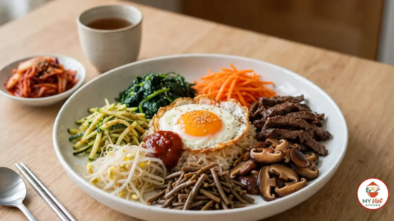A wide white ceramic bowl of bibimbap on a light oak table, rice topped with separate sections of seasoned spinach, julienned carrots, zucchini matchsticks, bean sprouts, fernbrake, glossy shiitake mushrooms and seared beef around a sunny-side-up egg sprinkled with sesame seeds, a spoonful of red gochujang beside the egg, with a dish of kimchi, a cup of barley tea, a steel spoon and chopsticks nearby