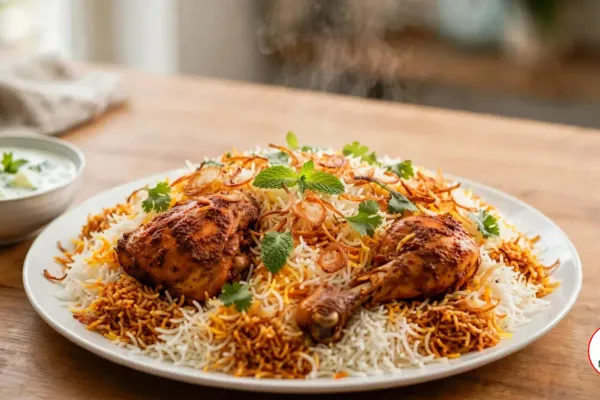 A white platter of chicken biryani on a wooden table, saffron-streaked and masala-coloured basmati rice around masala-coated chicken thighs and a drumstick, topped with crisp fried onions, mint and cilantro, with a bowl of cucumber raita and half a lemon beside it