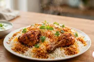 A white platter of chicken biryani on a wooden table, saffron-streaked and masala-coloured basmati rice around masala-coated chicken thighs and a drumstick, topped with crisp fried onions, mint and cilantro, with a bowl of cucumber raita and half a lemon beside it