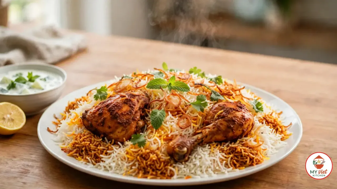 A white platter of chicken biryani on a wooden table, saffron-streaked and masala-coloured basmati rice around masala-coated chicken thighs and a drumstick, topped with crisp fried onions, mint and cilantro, with a bowl of cucumber raita and half a lemon beside it