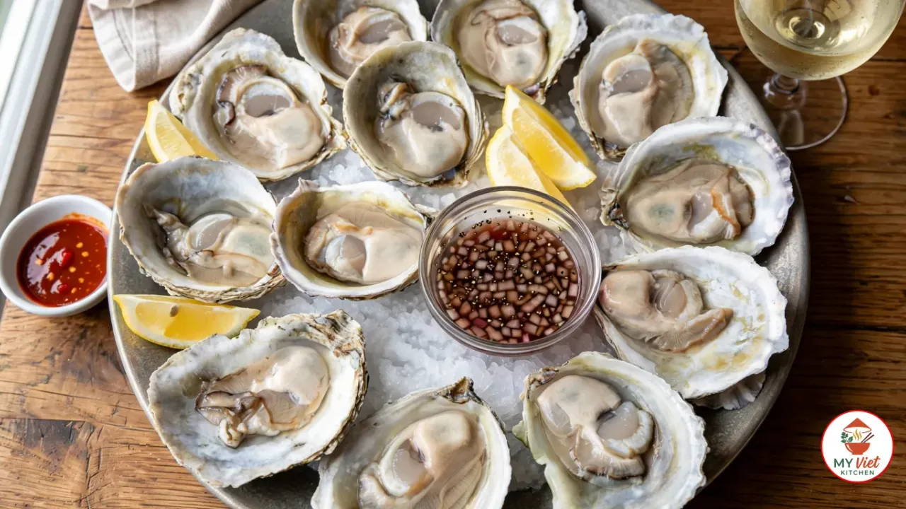A pewter platter of a dozen raw Bluff oysters on crushed ice on a wooden table, round flat shells holding plump creamy oysters, with lemon wedges and a glass bowl of shallot mignonette in the middle, a dish of chili hot sauce and a glass of white wine beside it