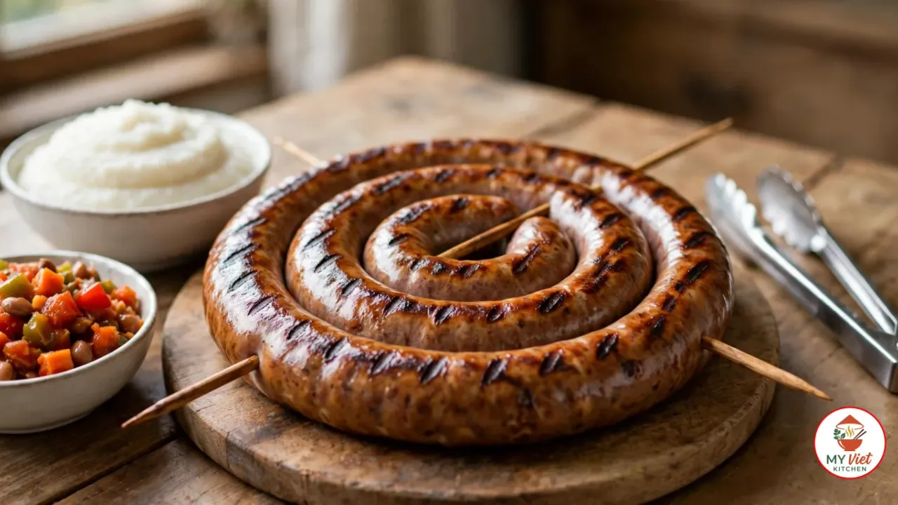 A grilled boerewors coil on a round wooden board on a rustic wooden table, one continuous sausage in a three-turn spiral held by two crossed wooden skewers, its glossy golden-brown casing marked with dark grill lines, with a bowl of smooth white maize pap, a bowl of chakalaka and a pair of steel tongs beside it