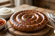 A grilled boerewors coil on a round wooden board on a rustic wooden table, one continuous sausage in a three-turn spiral held by two crossed wooden skewers, its glossy golden-brown casing marked with dark grill lines, with a bowl of smooth white maize pap, a bowl of chakalaka and a pair of steel tongs beside it