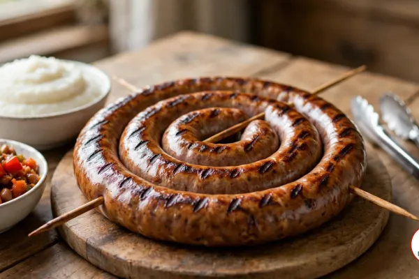 A grilled boerewors coil on a round wooden board on a rustic wooden table, one continuous sausage in a three-turn spiral held by two crossed wooden skewers, its glossy golden-brown casing marked with dark grill lines, with a bowl of smooth white maize pap, a bowl of chakalaka and a pair of steel tongs beside it
