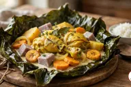 A banana leaf bougna parcel folded open on a round wooden board on a rustic wooden table, its creamy coconut sauce coating turmeric-gold chicken pieces, chunks of pale purple taro, golden yam and orange sweet potato, browned plantain rounds, soft onion rings, thyme sprigs and a bay leaf, with a coil of jute twine, a bowl of steamed white rice and a wooden spoon beside it