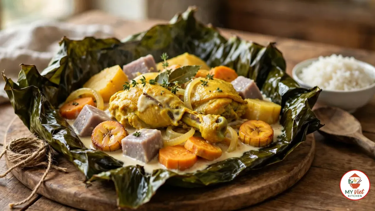A banana leaf bougna parcel folded open on a round wooden board on a rustic wooden table, its creamy coconut sauce coating turmeric-gold chicken pieces, chunks of pale purple taro, golden yam and orange sweet potato, browned plantain rounds, soft onion rings, thyme sprigs and a bay leaf, with a coil of jute twine, a bowl of steamed white rice and a wooden spoon beside it
