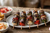 Five Rwandan goat brochettes on a long oval white platter on a rustic wooden table, charcoal-grilled cubes of meat with charred edges threaded on wooden skewers between chunks of white onion and red and green bell pepper, with a bowl of pilipili of chopped red chili and onion, a bowl of thick-cut fried potatoes, a bowl of shredded cabbage and carrot salad and half a lemon beside it
