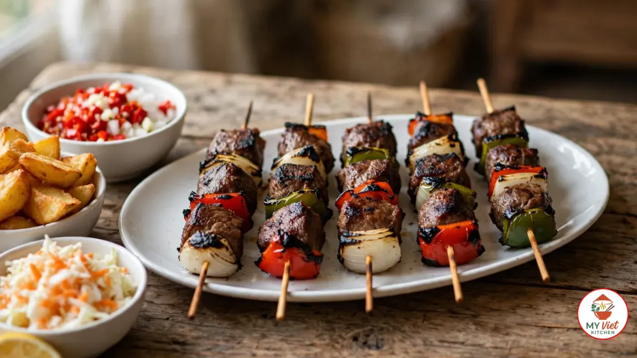 Five Rwandan goat brochettes on a long oval white platter on a rustic wooden table, charcoal-grilled cubes of meat with charred edges threaded on wooden skewers between chunks of white onion and red and green bell pepper, with a bowl of pilipili of chopped red chili and onion, a bowl of thick-cut fried potatoes, a bowl of shredded cabbage and carrot salad and half a lemon beside it