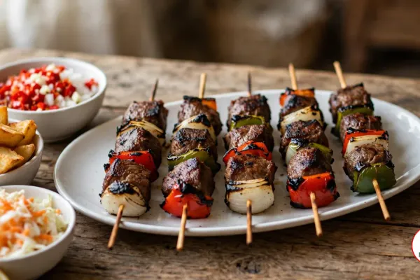 Five Rwandan goat brochettes on a long oval white platter on a rustic wooden table, charcoal-grilled cubes of meat with charred edges threaded on wooden skewers between chunks of white onion and red and green bell pepper, with a bowl of pilipili of chopped red chili and onion, a bowl of thick-cut fried potatoes, a bowl of shredded cabbage and carrot salad and half a lemon beside it