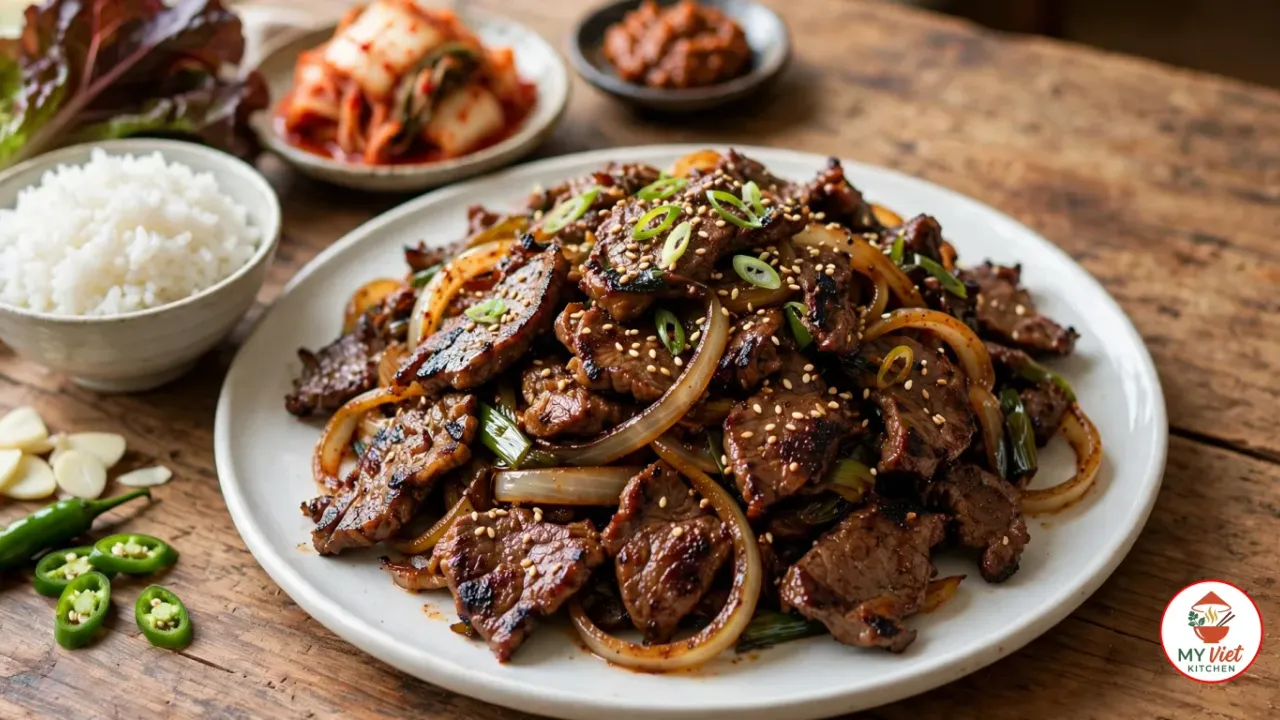 A white plate piled with Korean bulgogi, thin slices of caramelized beef with charred edges tangled with soft onion and green onion and sprinkled with sesame seeds and sliced green onion, with a bowl of steamed white rice, red leaf lettuce, a plate of napa cabbage kimchi, a dish of ssamjang, sliced garlic and sliced green chili on a rustic wooden table