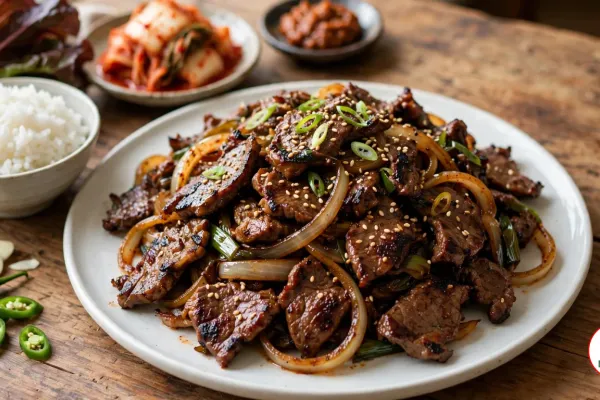 A white plate piled with Korean bulgogi, thin slices of caramelized beef with charred edges tangled with soft onion and green onion and sprinkled with sesame seeds and sliced green onion, with a bowl of steamed white rice, red leaf lettuce, a plate of napa cabbage kimchi, a dish of ssamjang, sliced garlic and sliced green chili on a rustic wooden table