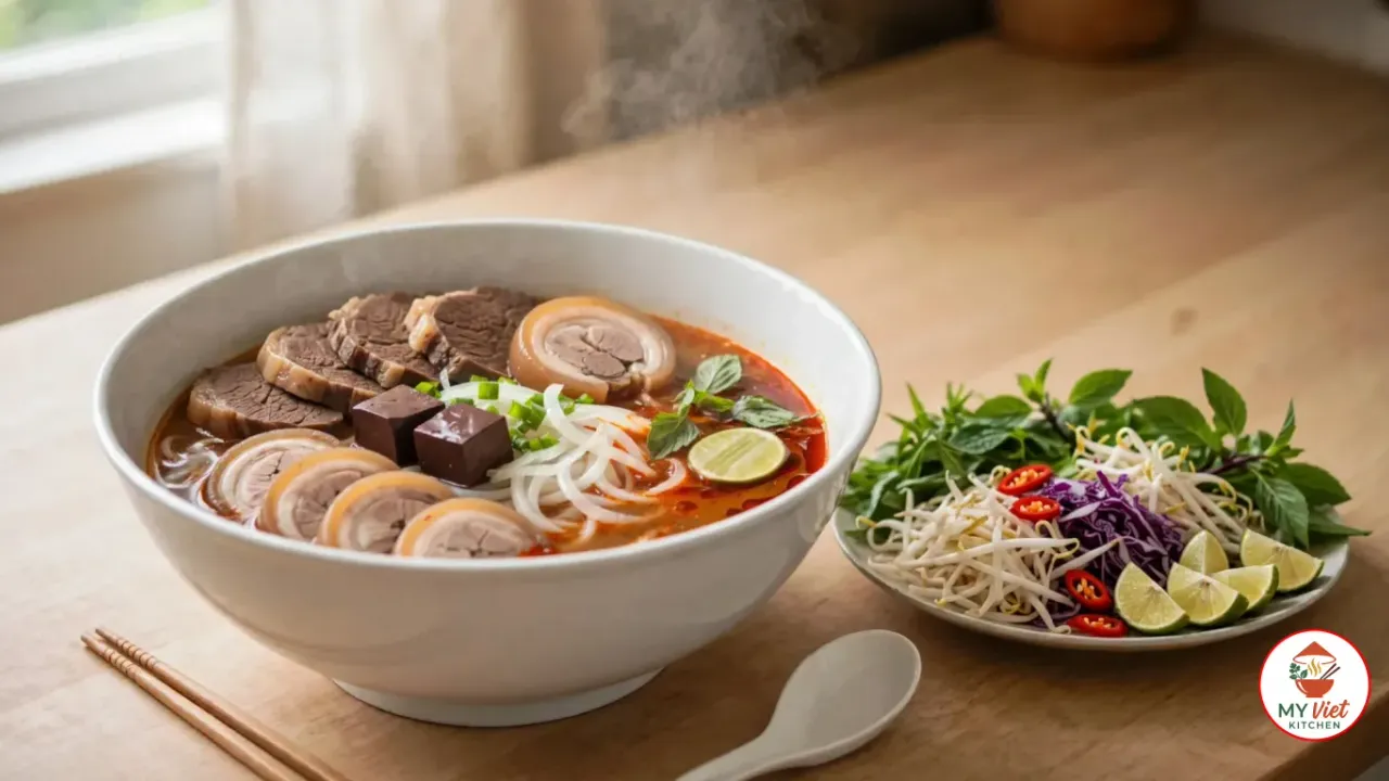 A white bowl of bún bò Huế with red-orange broth, thick rice noodles, beef shank, pork hock, blood cake, onion, scallions, herbs and a lime wedge, beside a plate of herbs, bean sprouts, purple cabbage, lime and chilies