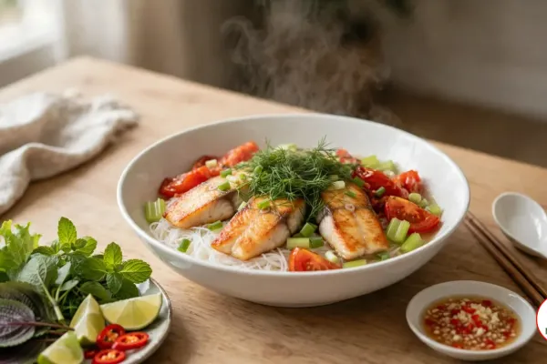 A white bowl of bún cá with golden pan-fried fish, rice vermicelli, tomatoes, celery, scallions and dill, beside a plate of lettuce, mint, perilla, lime and chilies, a dish of garlic-chili fish sauce, chopsticks and a spoon