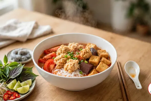 A bowl of bun rieu cua with rice vermicelli, crab riêu, tomatoes, fried tofu and pork blood in red broth, beside herbs, bean sprouts, lime, chilies, shrimp paste, chopsticks and a spoon