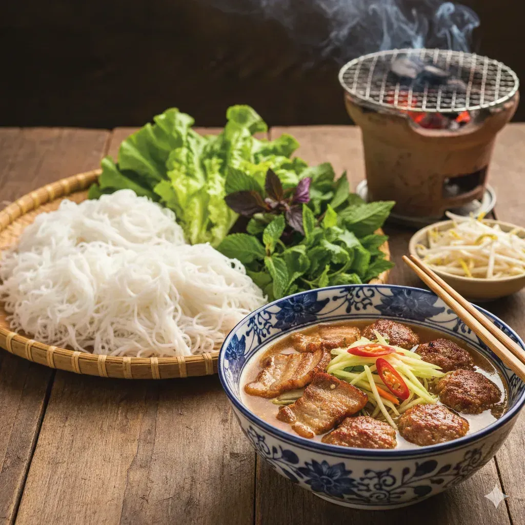 A bowl of Bun Cha Hanoi with grilled pork, vermicelli, and herbs