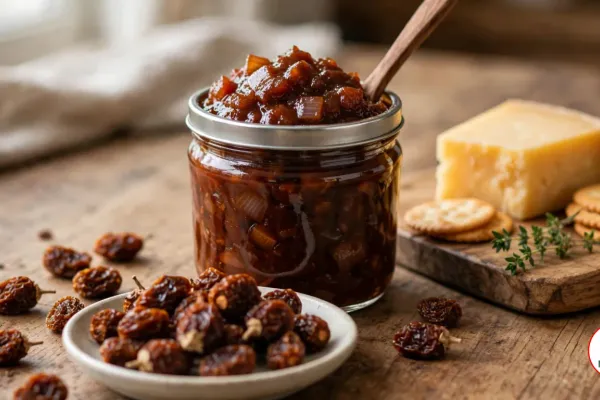 A small glass jar of thick, glossy dark reddish-brown bush tomato chutney with chunks of onion and a wooden spoon in it on a rustic wooden table, beside a white dish of whole dried bush tomatoes, small wrinkled caramel-brown fruits with more scattered on the table, and a wooden board with a wedge of aged cheddar, round crackers and a sprig of thyme