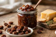 A small glass jar of thick, glossy dark reddish-brown bush tomato chutney with chunks of onion and a wooden spoon in it on a rustic wooden table, beside a white dish of whole dried bush tomatoes, small wrinkled caramel-brown fruits with more scattered on the table, and a wooden board with a wedge of aged cheddar, round crackers and a sprig of thyme