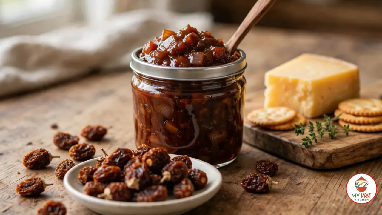 A small glass jar of thick, glossy dark reddish-brown bush tomato chutney with chunks of onion and a wooden spoon in it on a rustic wooden table, beside a white dish of whole dried bush tomatoes, small wrinkled caramel-brown fruits with more scattered on the table, and a wooden board with a wedge of aged cheddar, round crackers and a sprig of thyme