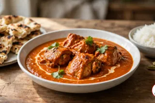 A wide shallow white bowl of butter chicken, chunks of chicken thigh with charred edges in a smooth orange-red tomato and butter sauce with a swirl of cream and cilantro leaves, beside torn charred naan, a bowl of basmati rice, green cardamom pods and a cinnamon stick on a rustic wooden table