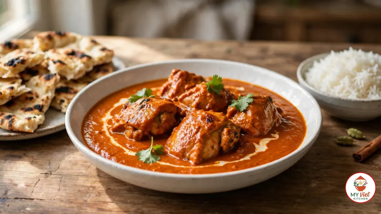 A wide shallow white bowl of butter chicken, chunks of chicken thigh with charred edges in a smooth orange-red tomato and butter sauce with a swirl of cream and cilantro leaves, beside torn charred naan, a bowl of basmati rice, green cardamom pods and a cinnamon stick on a rustic wooden table