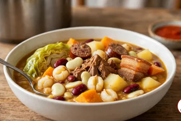 A deep off-white bowl of cachupa, puffed white corn kernels, red kidney beans and pale lima beans in a thick golden-brown broth with shredded braised pork, rounds of linguiça, a slice of pork belly, potato, orange sweet potato and squash and a wedge of soft cabbage, with a spoon, a small dish of hot sauce and a stainless steel stockpot on a wooden table