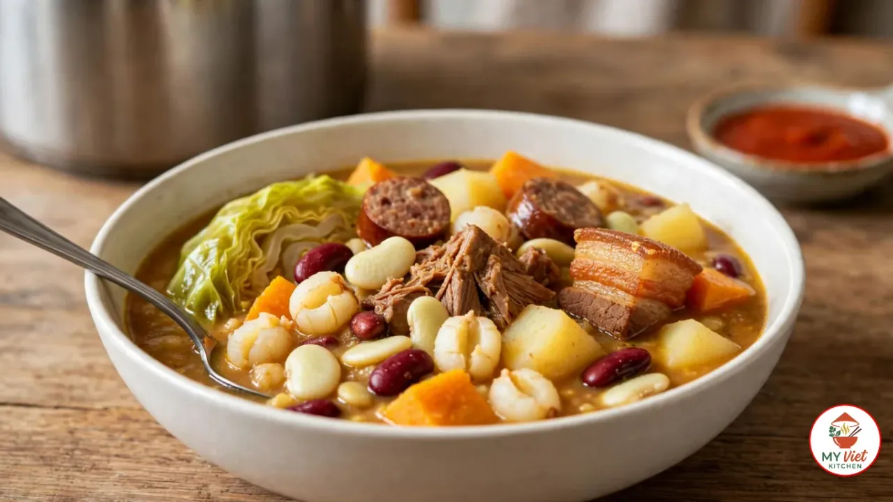 A deep off-white bowl of cachupa, puffed white corn kernels, red kidney beans and pale lima beans in a thick golden-brown broth with shredded braised pork, rounds of linguiça, a slice of pork belly, potato, orange sweet potato and squash and a wedge of soft cabbage, with a spoon, a small dish of hot sauce and a stainless steel stockpot on a wooden table