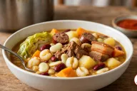 A deep off-white bowl of cachupa, puffed white corn kernels, red kidney beans and pale lima beans in a thick golden-brown broth with shredded braised pork, rounds of linguiça, a slice of pork belly, potato, orange sweet potato and squash and a wedge of soft cabbage, with a spoon, a small dish of hot sauce and a stainless steel stockpot on a wooden table