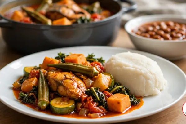 A white plate of calulu with a browned fish steak, whole okra pods, cubes of orange sweet potato, rounds of zucchini, dark leafy greens, tomato and onion in orange-red palm oil sauce beside a mound of white funge, with a dark grey pot of the stew and a bowl of beans in palm oil behind it on a wooden table