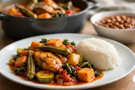 A white plate of calulu with a browned fish steak, whole okra pods, cubes of orange sweet potato, rounds of zucchini, dark leafy greens, tomato and onion in orange-red palm oil sauce beside a mound of white funge, with a dark grey pot of the stew and a bowl of beans in palm oil behind it on a wooden table