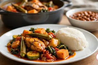 A white plate of calulu with a browned fish steak, whole okra pods, cubes of orange sweet potato, rounds of zucchini, dark leafy greens, tomato and onion in orange-red palm oil sauce beside a mound of white funge, with a dark grey pot of the stew and a bowl of beans in palm oil behind it on a wooden table