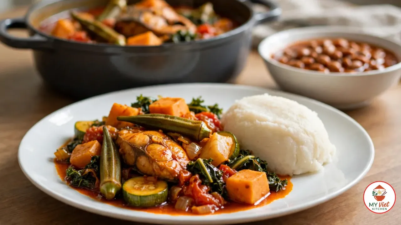 A white plate of calulu with a browned fish steak, whole okra pods, cubes of orange sweet potato, rounds of zucchini, dark leafy greens, tomato and onion in orange-red palm oil sauce beside a mound of white funge, with a dark grey pot of the stew and a bowl of beans in palm oil behind it on a wooden table