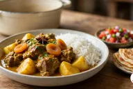 A wide off-white bowl of Cape Malay curry, chunks of lamb and potato in a golden sauce with dried apricot halves, a star anise pod and chopped cilantro beside white basmati rice, with a small bowl of tomato, onion and green chilli sambal, a plate of flaky roti and a cream enamelled cast iron pot on a wooden table