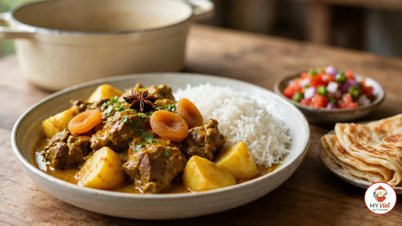 A wide off-white bowl of Cape Malay curry, chunks of lamb and potato in a golden sauce with dried apricot halves, a star anise pod and chopped cilantro beside white basmati rice, with a small bowl of tomato, onion and green chilli sambal, a plate of flaky roti and a cream enamelled cast iron pot on a wooden table