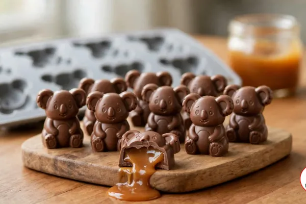 Glossy koala-shaped milk chocolates standing on a small wooden board, one broken open with golden caramel flowing out onto the table, in front of a grey silicone koala mold and a glass jar of caramel