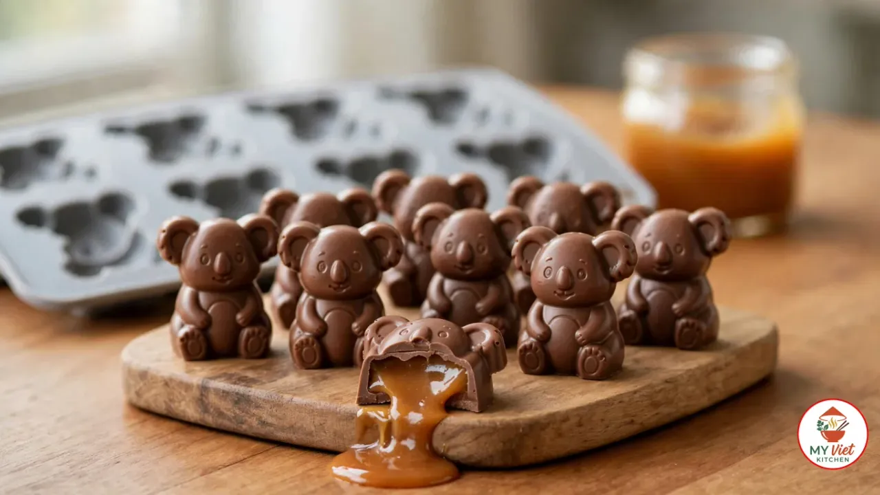 Glossy koala-shaped milk chocolates standing on a small wooden board, one broken open with golden caramel flowing out onto the table, in front of a grey silicone koala mold and a glass jar of caramel