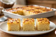 Three squares of cassava cake with a golden, brown-spotted custard top on a white plate, in front of the rest of the cake in a white rectangular baking dish, with a cake server, half a coconut and a linen napkin on a wooden table