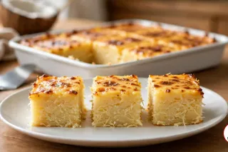 Three squares of cassava cake with a golden, brown-spotted custard top on a white plate, in front of the rest of the cake in a white rectangular baking dish, with a cake server, half a coconut and a linen napkin on a wooden table