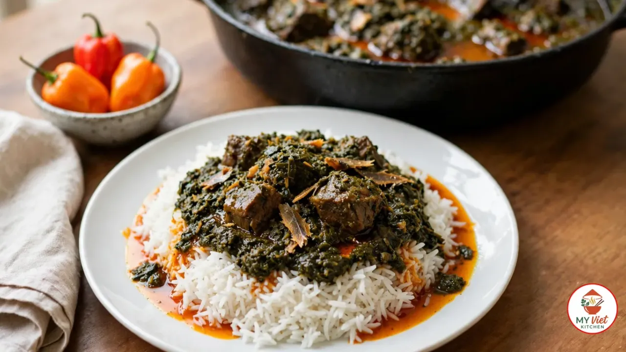 A white plate of long-grain rice topped with dark green cassava leaf stew, chunks of beef and flakes of smoked fish, with orange-red palm oil pooling around it, in front of a black cast-iron pot of the stew and a small bowl of habanero peppers on a wooden table