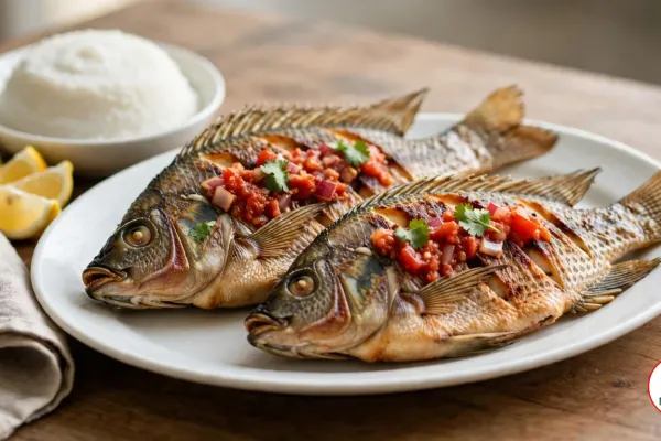 Two whole pan-fried chambo with crisp, deeply scored golden skin on a white oval platter, topped with tomato and onion relish and cilantro, beside a bowl of white nsima, lemon wedges and a linen napkin on a wooden table