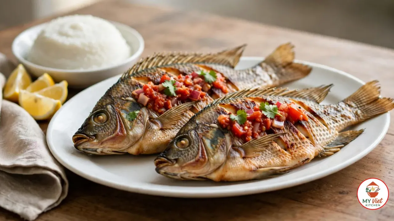 Two whole pan-fried chambo with crisp, deeply scored golden skin on a white oval platter, topped with tomato and onion relish and cilantro, beside a bowl of white nsima, lemon wedges and a linen napkin on a wooden table