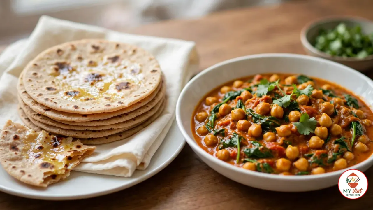 A stack of whole wheat chapatis with brown spots and a sheen of ghee on a cream cloth on a white plate, one torn in half, beside a white bowl of chickpea and spinach curry in an orange-red sauce topped with cilantro, on a wooden table