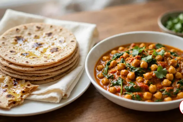 A stack of whole wheat chapatis with brown spots and a sheen of ghee on a cream cloth on a white plate, one torn in half, beside a white bowl of chickpea and spinach curry in an orange-red sauce topped with cilantro, on a wooden table
