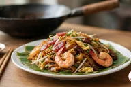 A white plate lined with banana leaf, piled with char kway teow of caramel-brown flat rice noodles with charred edges, pink prawns, slices of Chinese sausage, scrambled egg, bean sprouts and garlic chives, beside wooden chopsticks, a dish of red chili paste and a black carbon-steel wok on a wooden table