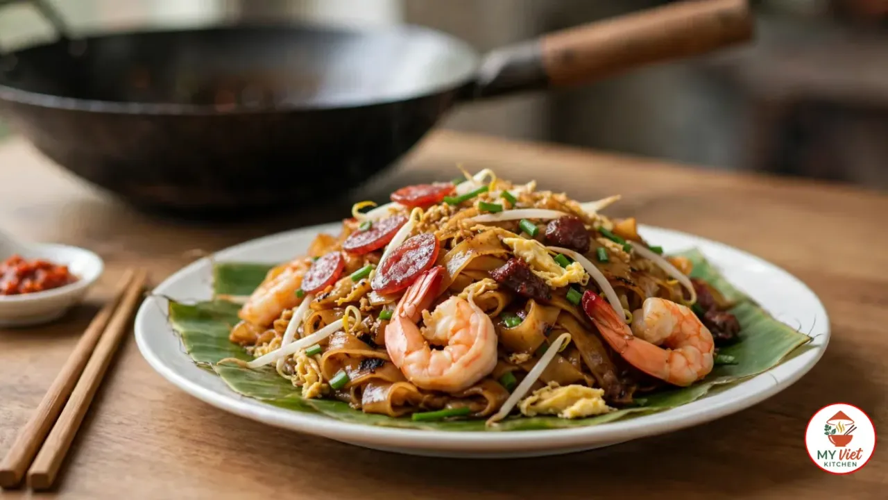 A white plate lined with banana leaf, piled with char kway teow of caramel-brown flat rice noodles with charred edges, pink prawns, slices of Chinese sausage, scrambled egg, bean sprouts and garlic chives, beside wooden chopsticks, a dish of red chili paste and a black carbon-steel wok on a wooden table