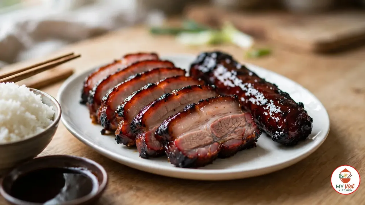 Slices of char siu with a glossy dark red glaze, blackened edges and pale pink centers fanned on a white plate beside an uncut roasted strip, with a bowl of steamed rice, wooden chopsticks and a small dish of dark glaze on a wooden table