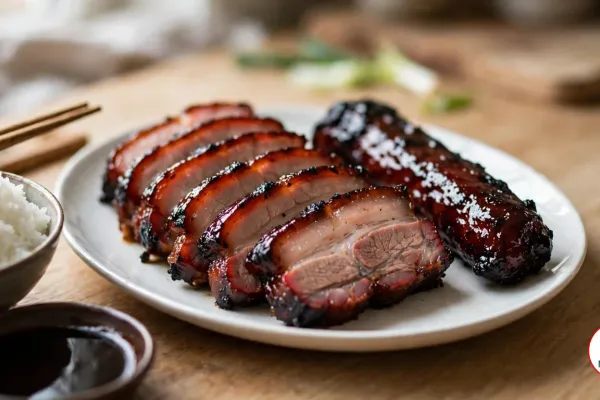 Slices of char siu with a glossy dark red glaze, blackened edges and pale pink centers fanned on a white plate beside an uncut roasted strip, with a bowl of steamed rice, wooden chopsticks and a small dish of dark glaze on a wooden table